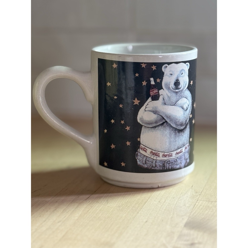 Vintage 90s Gibson Coca Cola Polar Bear Jeans Mug Nostalgia Collector Stars 4.5"
